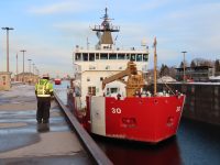 US Coast Guard Mackinaw and Canadian Coast Guard Samuel Risley arriving to lock through the Poe for Lake Superior. March 21, 2022. USACE Detroit District.