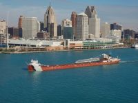 Arthur M. Anderson passes by the Detroit skyline, the Fitz's intended destination on her ill-fated voyage all those years ago. Kathryn Lafreiere image, November 10