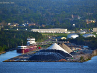 M/V Joseph L. Block making an infrequent stop at Envirotech-Hallett Dock 8 in Superior to discharge a few remaining tons of stone after unloading most of its cargo at Graymont. The Block would then shift to CN-Hallett Dock 5 and CN Dock 6. June 9, 2021. David Schauer
