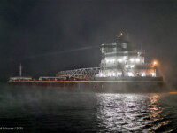 Joseph L. Block departed Duluth's CN-Hallett Dock 5 this morning with BFT (blast furnace trim, crushed unprocessed taconite) for Indiana Harbor. There was some thick fog at Rices Point that made for some interesting images and fitting for a spooky Halloween weekend. By the time she reached the aerial bridge the fog had lifted. 10/30/2021. David Schauer