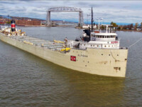 The oldest intact freighter active on the Great Lakes, Alpena, makes her first trip to the Twin Ports with cement for Lafarge, Superior. Sam Wallace (Oct 2021)